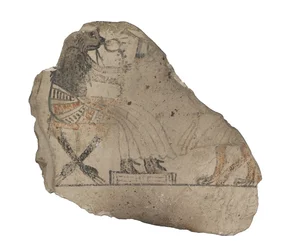 Ostracon en calcaire avec croquis humoristiques en encre rouge et noire